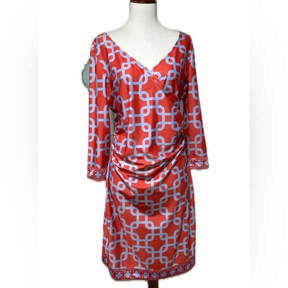 Gretchen Scott Unchained Faux Wrap Jersey Stretch Orange Sky Blue Dress Size S - Picture 1 of 6